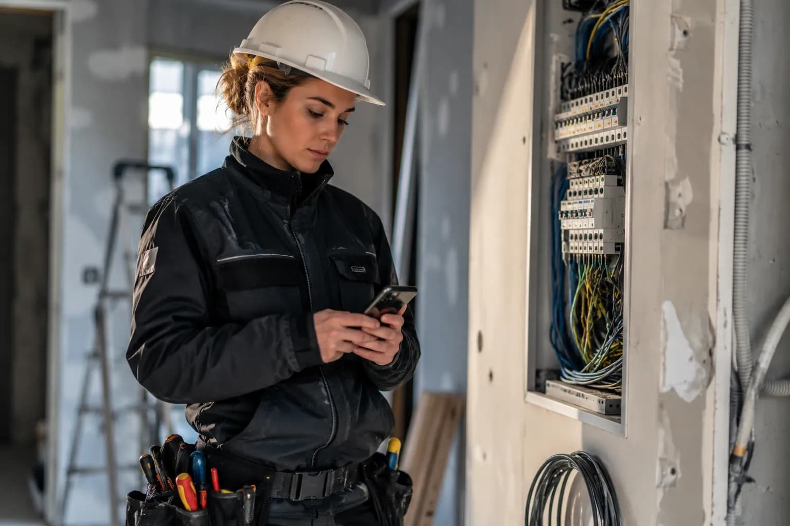 Elektriker tjekker Workmon på mobilen ved en eltavle
